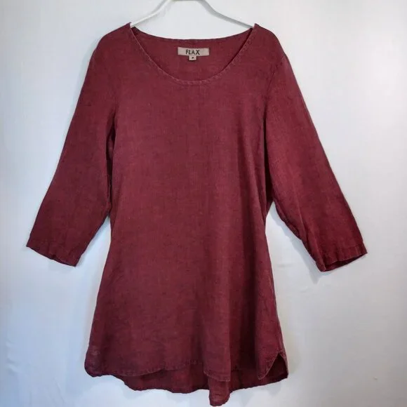 FLAX Tunic Top 3/4 Sleeve Round Neck Popover Maroon Wine Color Womens size P - Picture 6 of 10